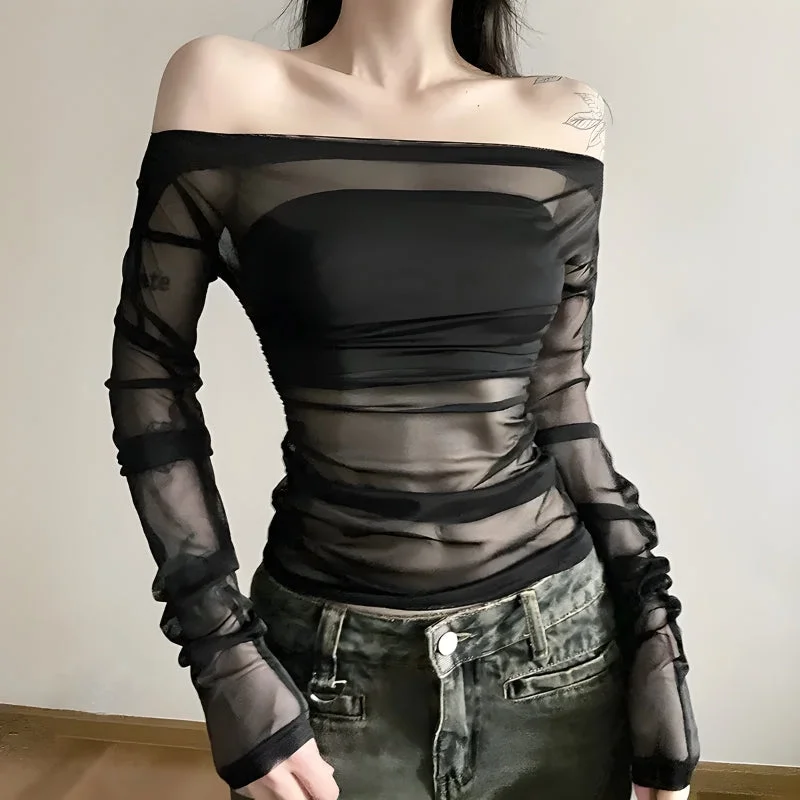 Elegant Lapel Style Elegant Lapel Style Off Shoulder Mesh Top