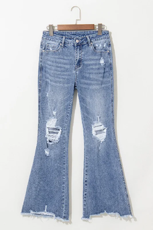 Romantic Floral Design Romantic Floral Design Dusk Blue High Rise Ripped Distressed Hem Flared Jeans