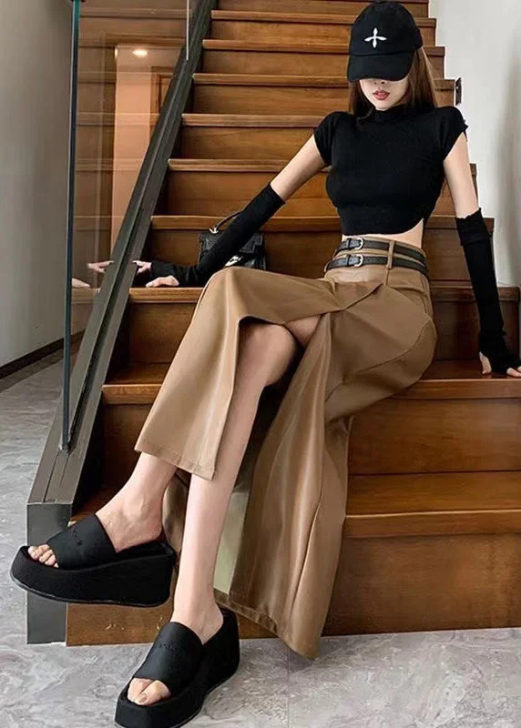 Distinctive Personality Distinctive Personality Slim Fit Khaki Side Open High Waist Faux Leather Skirt Spring Distinctive Personality Distinctive Personality Slim Fit Khaki Side Open High Waist Faux Leather Skirt Spring