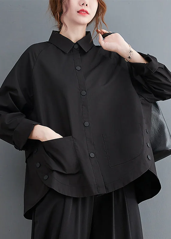 Simple And Comfortable Style Simple And Comfortable Style Black Patchwork Cotton Shirt Top Oversized Pockets Fall Simple And Comfortable Style Simple And Comfortable Style Black Patchwork Cotton Shirt Top Oversized Pockets Fall