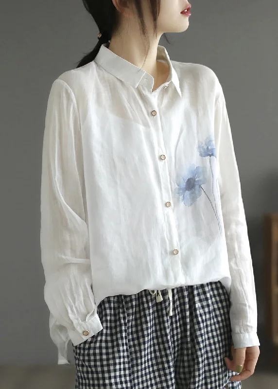 Personalized Art Style Personalized Art Style Simple White Print Button Silk Linen Shirt Spring Personalized Art Style Personalized Art Style Simple White Print Button Silk Linen Shirt Spring