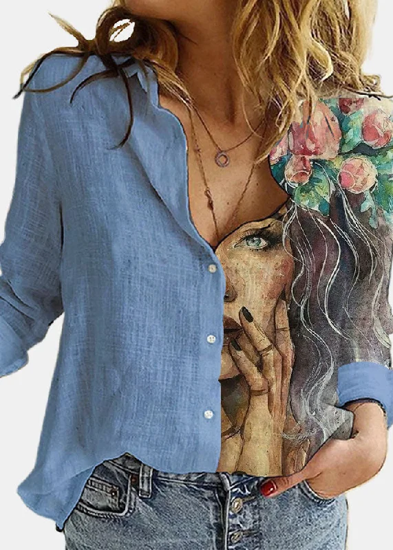 Personalized Street Style Personalized Street Style Plus Size Blue button Peter Pan Collar Linen Shirts Long Sleeve