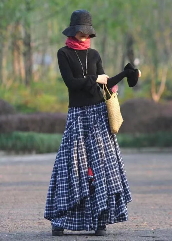 Casual Summer Style Casual Summer Style Bohemian Navy Wrinkled Asymmetrical Plaid Cotton Skirts Spring Casual Summer Style Casual Summer Style Bohemian Navy Wrinkled Asymmetrical Plaid Cotton Skirts Spring