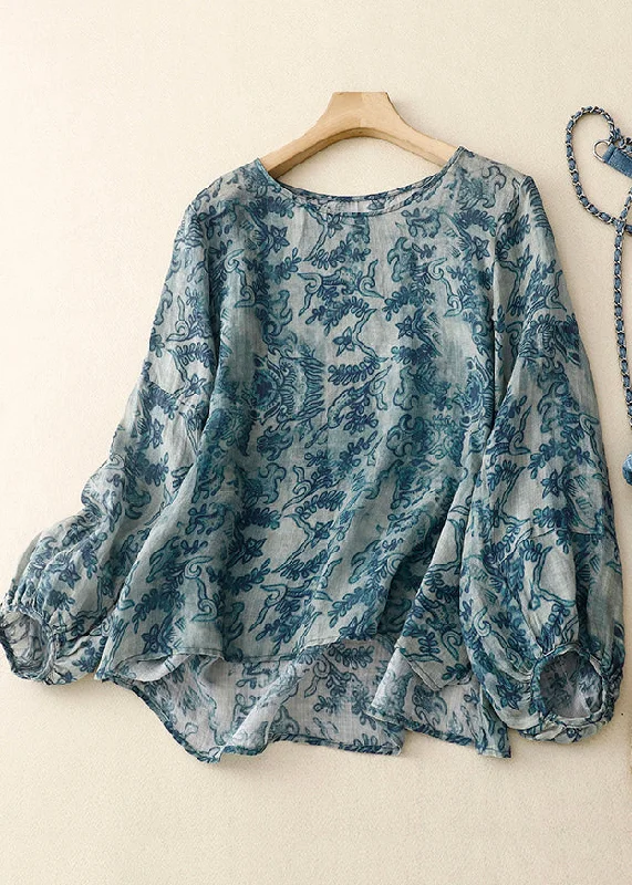 Rock Street Items Rock Street Items Simple Blue Oversized Print Linen Shirt Tops Lantern Sleeve Rock Street Items Rock Street Items Simple Blue Oversized Print Linen Shirt Tops Lantern Sleeve