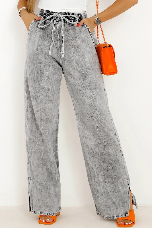 Comfortable Outfits Comfortable Outfits Grey Drawstring Elastic Waist Wide Leg Jeans Comfortable Outfits Comfortable Outfits Grey Drawstring Elastic Waist Wide Leg Jeans