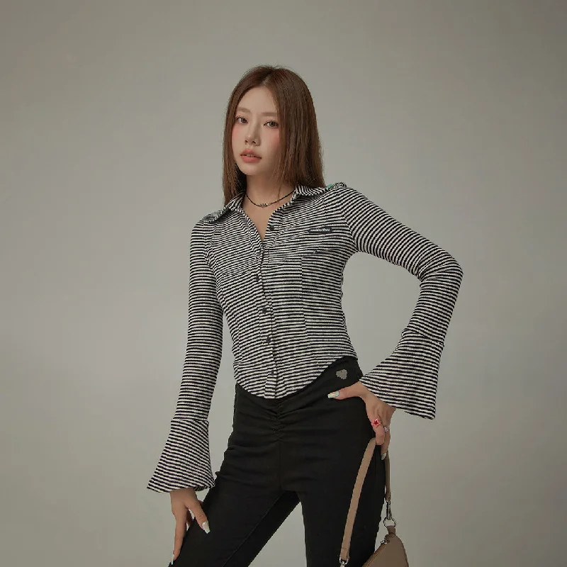Casual Sports Style Casual Sports Style Striped Slim Bell Sleeve Shirt