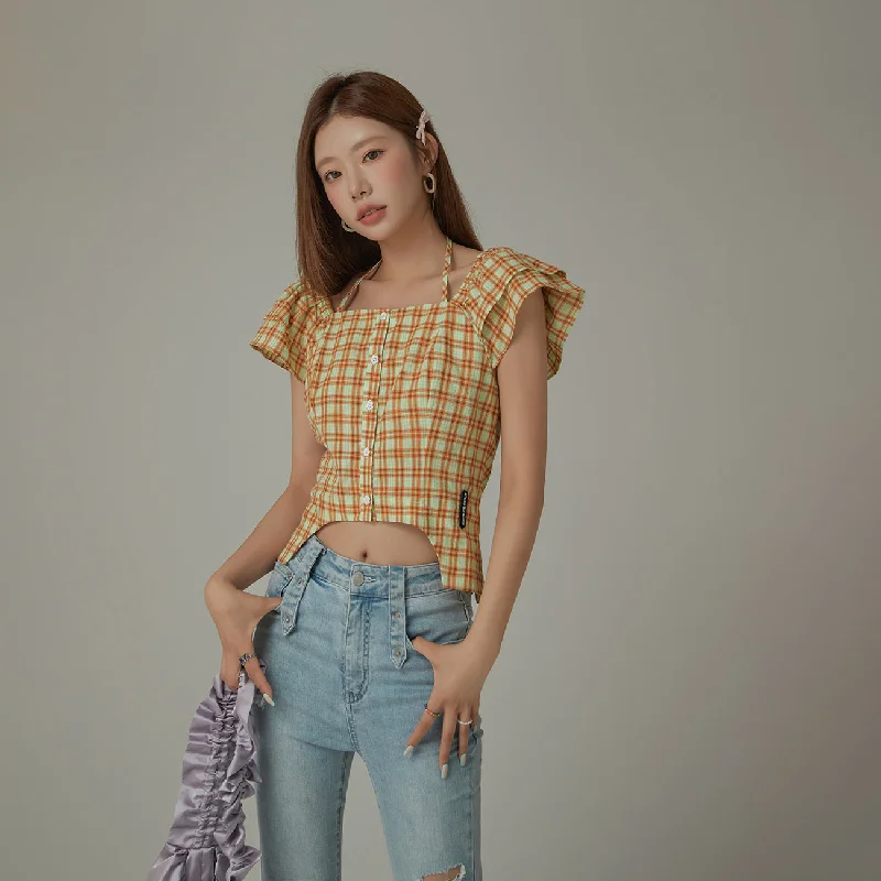 Elegant Slim Style Elegant Slim Style Side Garter Check Buttoned Yellow Blouse