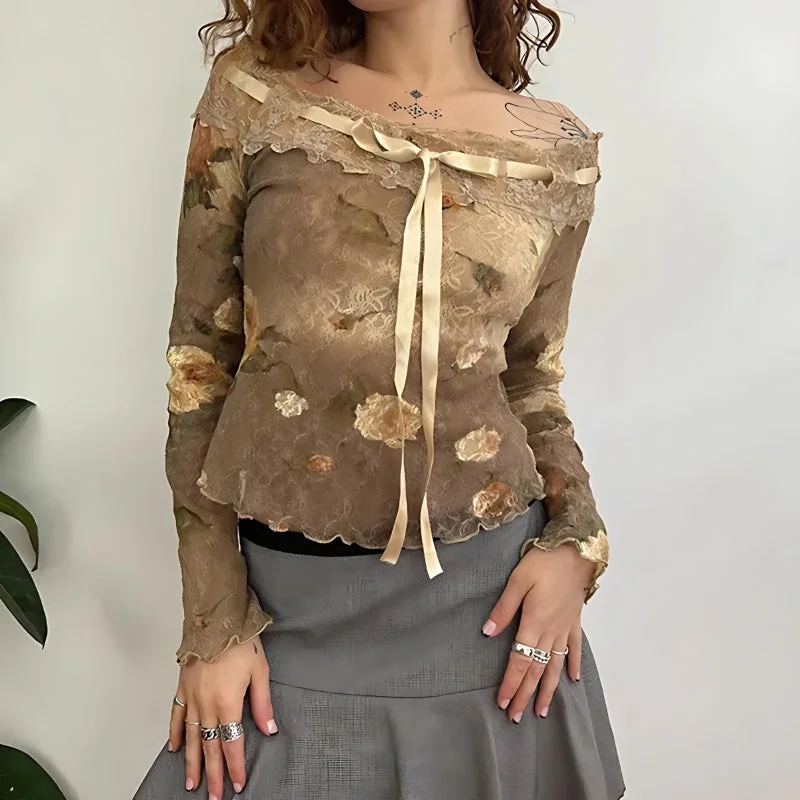 Effortless Vintage Look Effortless Vintage Look Fairy Grunge Floral Off Shoulder Lace Top