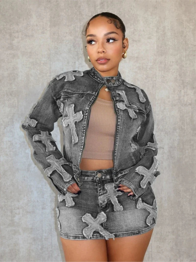 Casual Denim Style Casual Denim Style Fashion Patchwork Mini Short Two Piece Denim Jacket Casual Denim Style Casual Denim Style Fashion Patchwork Mini Short Two Piece Denim Jacket