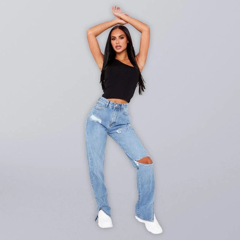 Elegant And Intellectual Style Elegant And Intellectual Style Women Straight Ripped Jeans With Ankle Slits Elegant And Intellectual Style Elegant And Intellectual Style Women Straight Ripped Jeans With Ankle Slits