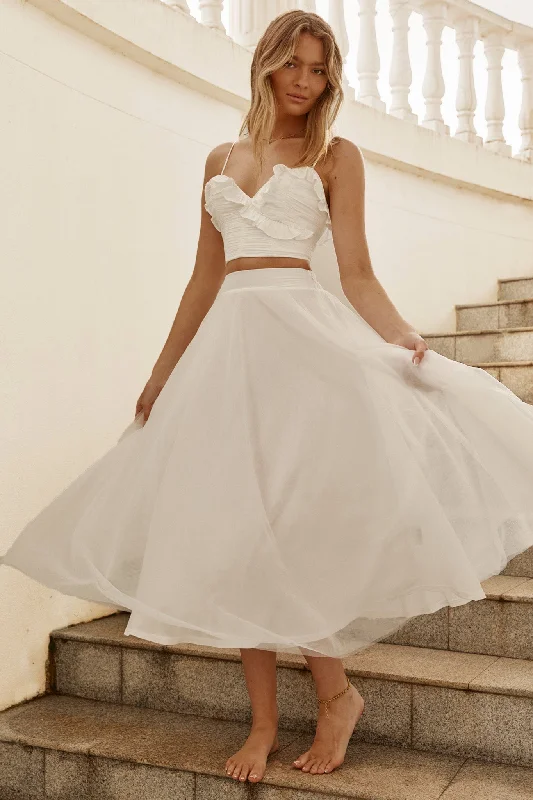 Casual Sports Suit Casual Sports Suit Jasmine Organza Mesh Elasticated Waist Midi Skirt White Casual Sports Suit Casual Sports Suit Jasmine Organza Mesh Elasticated Waist Midi Skirt White