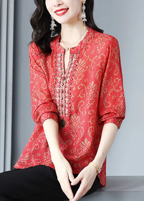 Trendy Clothing Trendy Clothing French Red V Neck Print Rivet Patchwork Silk Blouse Tops Spring Trendy Clothing Trendy Clothing French Red V Neck Print Rivet Patchwork Silk Blouse Tops Spring