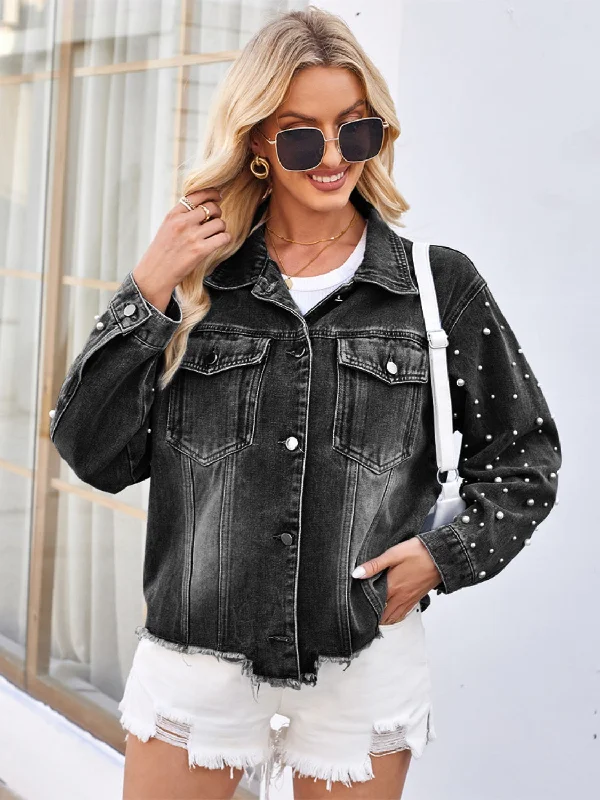 Romantic Retro Style Romantic Retro Style Pearl Trim Raw Hem Denim Jacket
