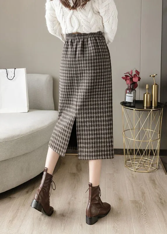 Simple Fashion Simple Fashion French Coffee Plaid Side Open Elastic Waist Woolen Skirts Spring Simple Fashion Simple Fashion French Coffee Plaid Side Open Elastic Waist Woolen Skirts Spring