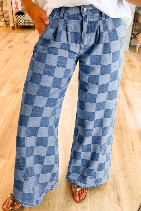 Casual Sports Suit Casual Sports Suit Dusk Blue Checkered Light Washed Wide Leg Jeans Casual Sports Suit Casual Sports Suit Dusk Blue Checkered Light Washed Wide Leg Jeans