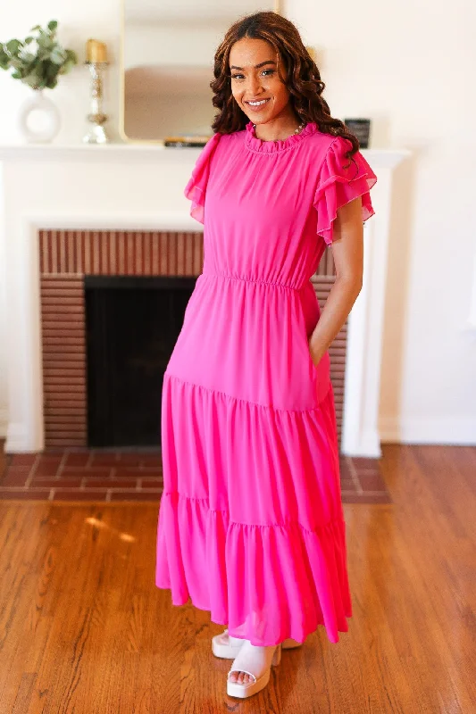Casual Classic Design Casual Classic Design Perfectly You Hot Pink Mock Neck Tiered Chiffon Maxi Dress Casual Classic Design Casual Classic Design Perfectly You Hot Pink Mock Neck Tiered Chiffon Maxi Dress