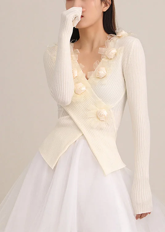 Personalized Embroidery Style Personalized Embroidery Style Plus Size Simple Beige V Neck Floral Knit Top Spring