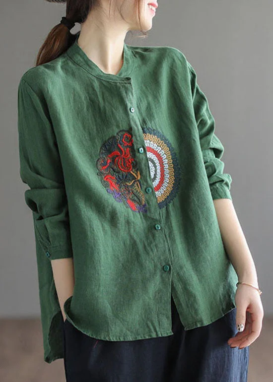 Street Casual Chic Street Casual Chic Plus Size Green Embroideried Linen Shirt Top Long Sleeve