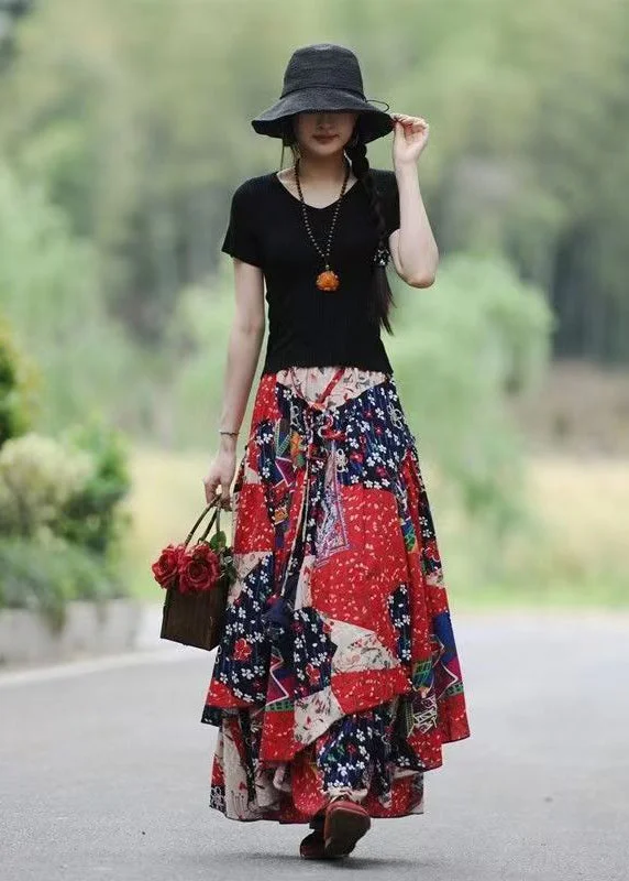 Casual Relaxed Chic Casual Relaxed Chic Beautiful Red Asymmetrical Print Exra Large Hem Linen Skirt Spring