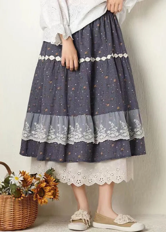 Soft Vintage Streetwear Soft Vintage Streetwear Beautiful Navy Print Lace Elastic Waist Cotton Skirt Spring