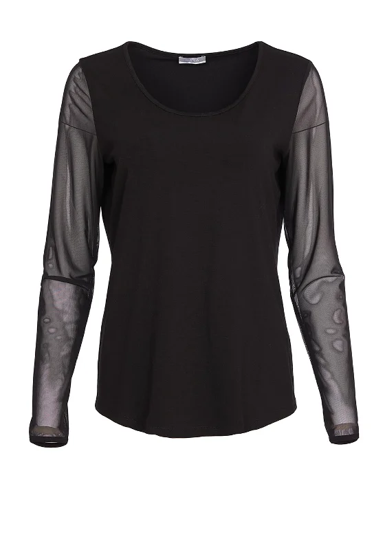Street Casual Chic Street Casual Chic Naya Round Neck Mesh Sleeve Top, Black