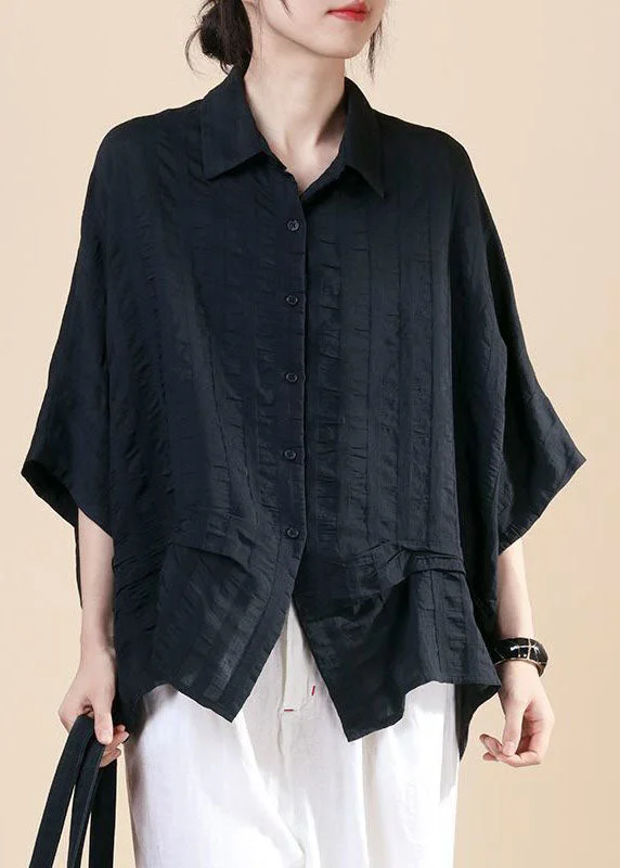Simple Style Simple Style Plus Size Black Button Peter Pan Collar Shirt Top Batwing Sleeve