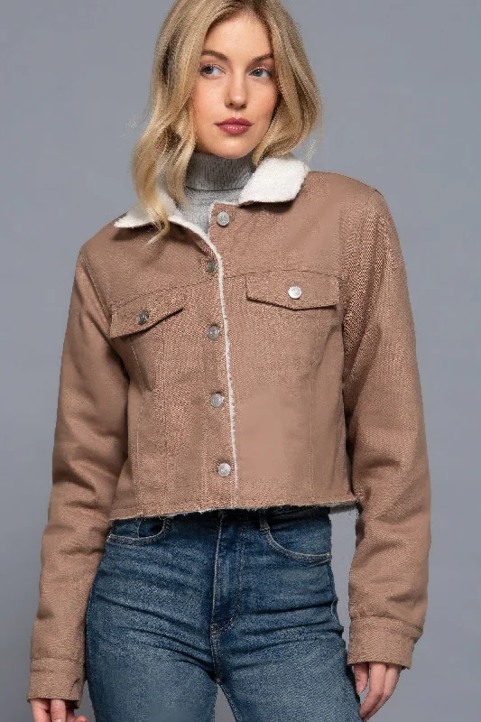 Simple Style Simple Style Button Closure Sherpa-lined Twill Jacket