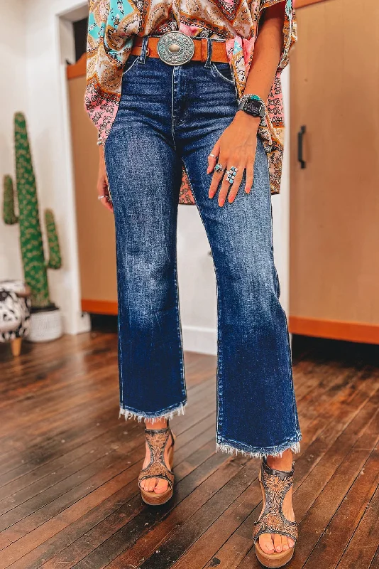 Leisure Time Leisure Time Sail Blue Mineral Wash Raw Hem High Waist Flared Jeans