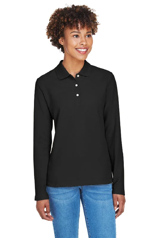Retro Wear Trend Retro Wear Trend Devon & Jones Womens Long Sleeve Polo Shirt - Black Retro Wear Trend Retro Wear Trend Devon & Jones Womens Long Sleeve Polo Shirt - Black