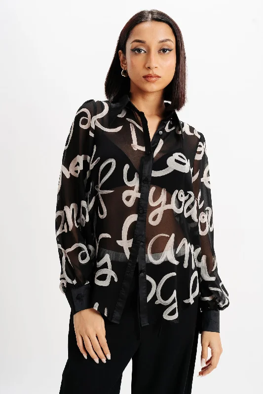 Casual Summer Style Casual Summer Style Scribble Black Sheer Shirt