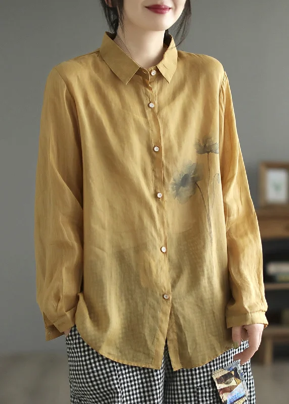 Personalized Text Personalized Text Yellow Peter Pan Collar Silk Linen Shirt Long Sleeve Personalized Text Personalized Text Yellow Peter Pan Collar Silk Linen Shirt Long Sleeve