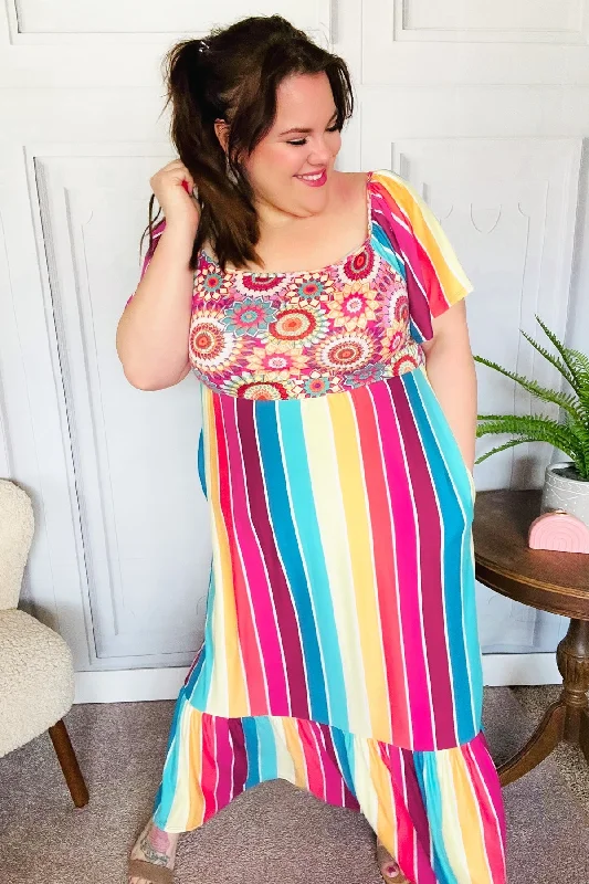 Casual Shopping Casual Shopping Feeling Bold Fuchsia & Teal Striped Medallion Crochet Print Dress Casual Shopping Casual Shopping Feeling Bold Fuchsia & Teal Striped Medallion Crochet Print Dress