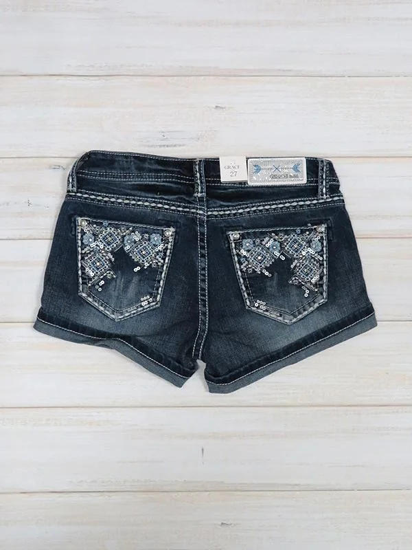 Casual And Relaxed Style Casual And Relaxed Style Grace In LA JHW51376 Womens Crystals Aztec Embroidery Denim Short Dark Wash Casual And Relaxed Style Casual And Relaxed Style Grace In LA JHW51376 Womens Crystals Aztec Embroidery Denim Short Dark Wash