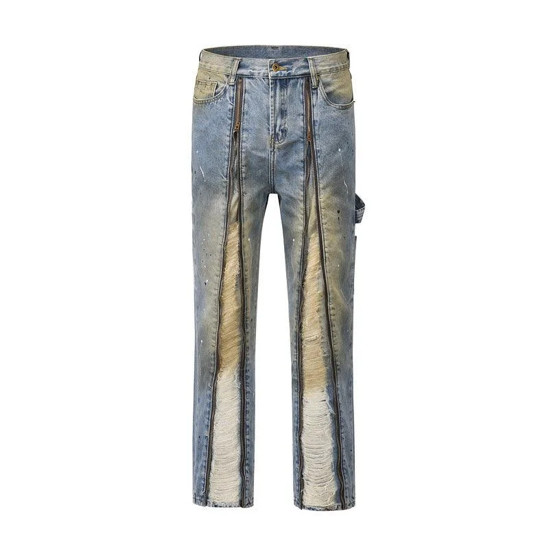 Romantic Lightness Romantic Lightness High Street Trendy Brand Long Zipper Split Burnt Out Speckled Ink Jeans