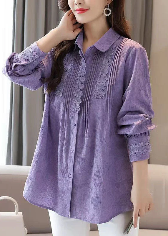 Casual Denim Style Casual Denim Style Organic Purple Embroideried Lace Patchwork Cotton Shirts Tops Spring Casual Denim Style Casual Denim Style Organic Purple Embroideried Lace Patchwork Cotton Shirts Tops Spring