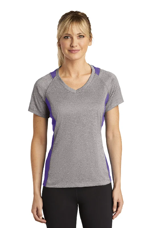 Elegant Lace Style Elegant Lace Style Sport-Tek Womens Contender Heather Moisture Wicking Short Sleeve V-Neck T-Shirt - Heather Vintage Grey/Purple - Closeout