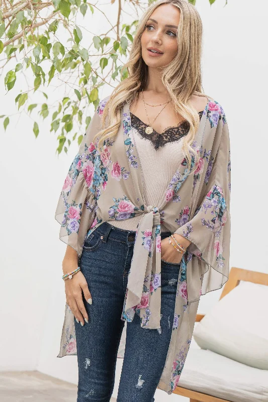 Elegant Slim Skirt Elegant Slim Skirt Floral Print Kimono Cardigan (Grey)
