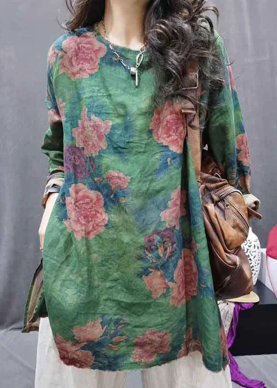 Simple Cotton Style Simple Cotton Style Plus Size Green O-Neck Patchwork Linen Shirts Fall Simple Cotton Style Simple Cotton Style Plus Size Green O-Neck Patchwork Linen Shirts Fall