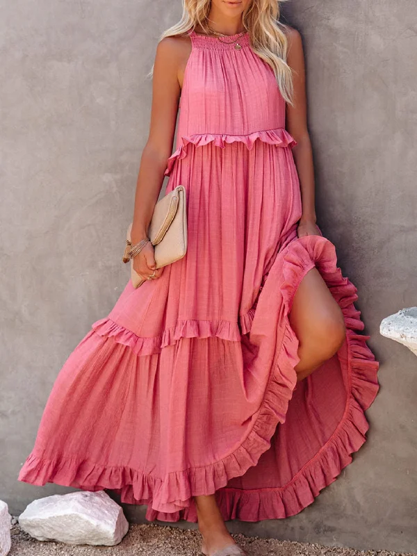 Casual Version Casual Version Ruffled Sleeveless Maxi Dress with Pockets