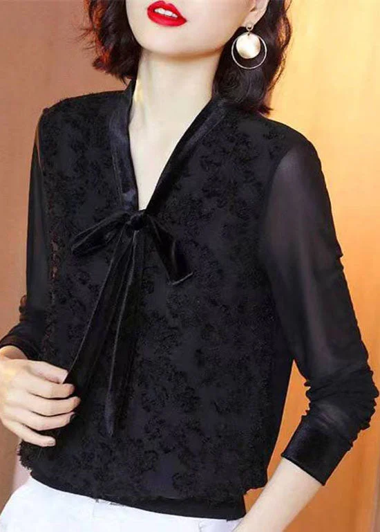 Cozy Wear Cozy Wear Style Black V Neck Lace Bow Patchwork Chiffon Shirt Tops Long Sleeve Cozy Wear Cozy Wear Style Black V Neck Lace Bow Patchwork Chiffon Shirt Tops Long Sleeve