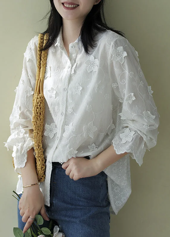 Personalized Denim Style Personalized Denim Style French White Peter Pan Collar Embroideried Floral Button Cotton Shirts Long Sleeve Personalized Denim Style Personalized Denim Style French White Peter Pan Collar Embroideried Floral Button Cotton Shirts Long Sleeve