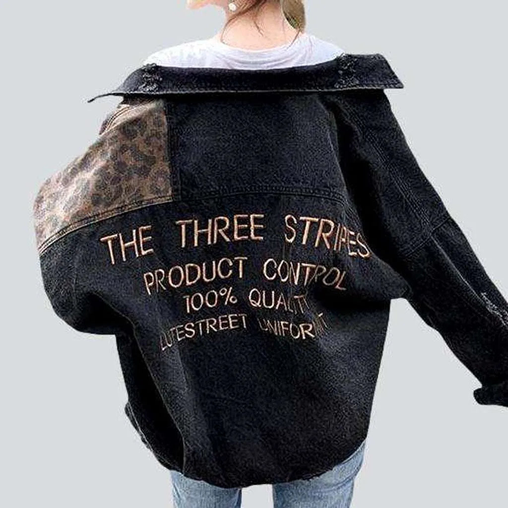 Chic Style Chic Style Leopard patch inscribed denim jacket