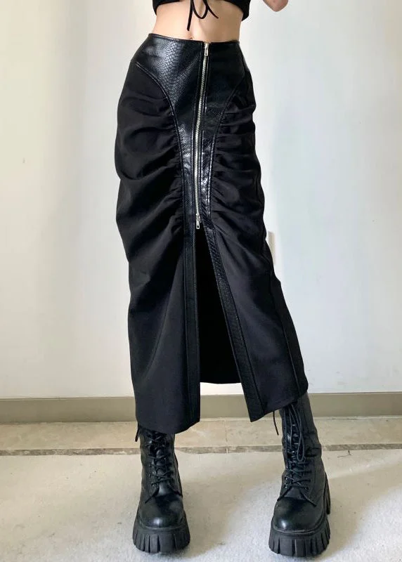 Casual Denim Style Casual Denim Style Stylish Black Zip Up Faux Leather Patchwork Cotton Skirt Spring Casual Denim Style Casual Denim Style Stylish Black Zip Up Faux Leather Patchwork Cotton Skirt Spring