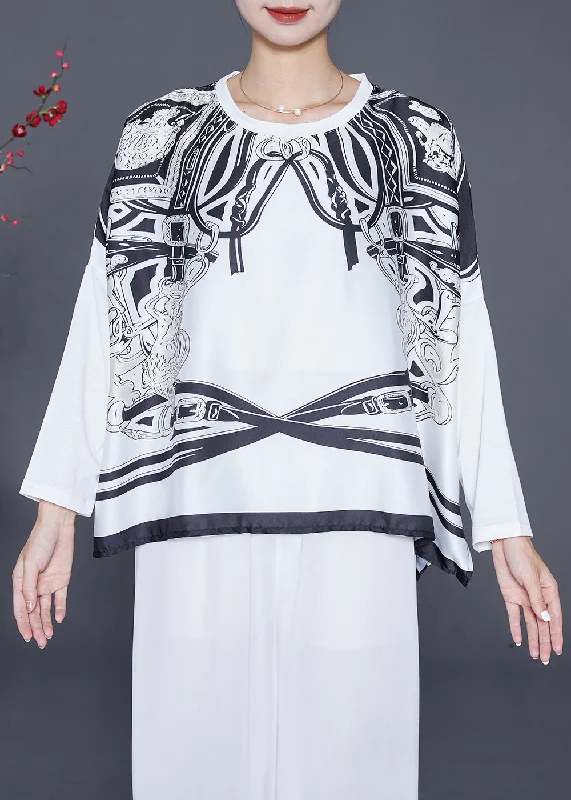 Romantic Skirt Style Romantic Skirt Style White Print Satin Tops Oversized Side Open Batwing Sleeve Romantic Skirt Style Romantic Skirt Style White Print Satin Tops Oversized Side Open Batwing Sleeve
