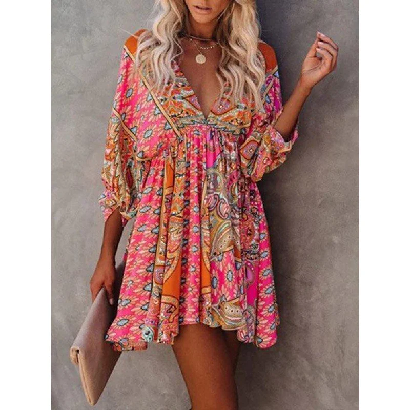 Casual Matching Style Casual Matching Style Bohemia Plunging Long Sleeves Mini Dress