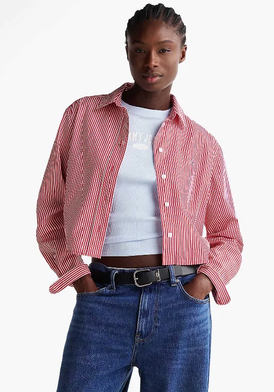 Casual Sports Style Casual Sports Style Tommy Hilfiger Striped Cropped Poplin Shirt, Red and White Casual Sports Style Casual Sports Style Tommy Hilfiger Striped Cropped Poplin Shirt, Red and White