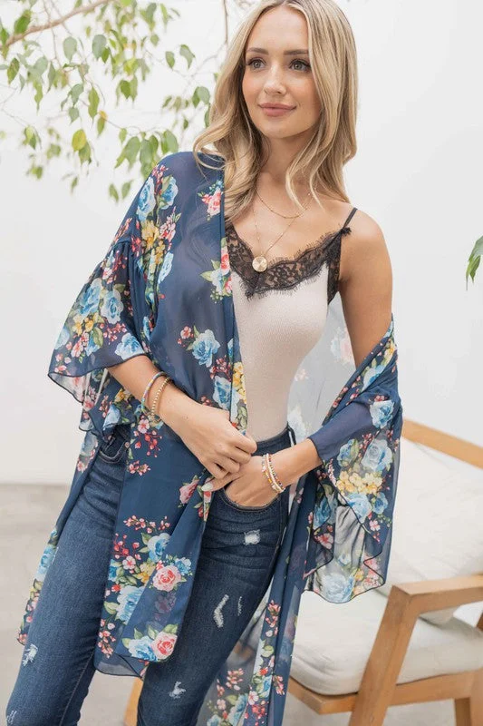 Elegant Wool Coat Elegant Wool Coat Floral Print Kimono Cardigan (Navy)