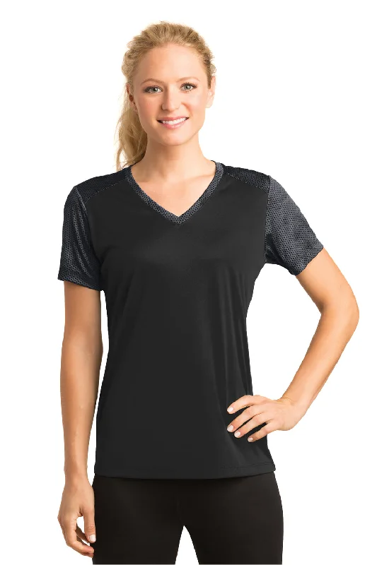 Elegant And Simple Elegant And Simple Sport-Tek Womens CamoHex Moisture Wicking Short Sleeve V-Neck T-Shirt - Black/Iron Grey - Closeout