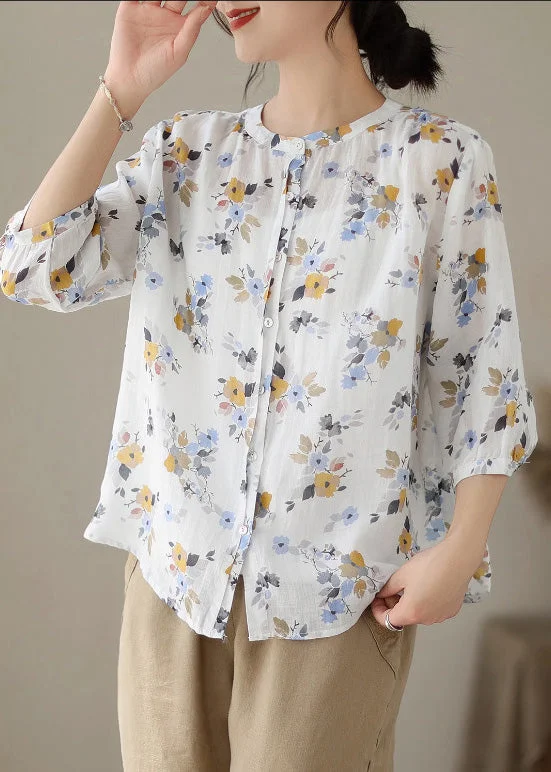 Casual Fashion Casual Fashion Women White O-Neck Print Button Ramie Shirts Summer