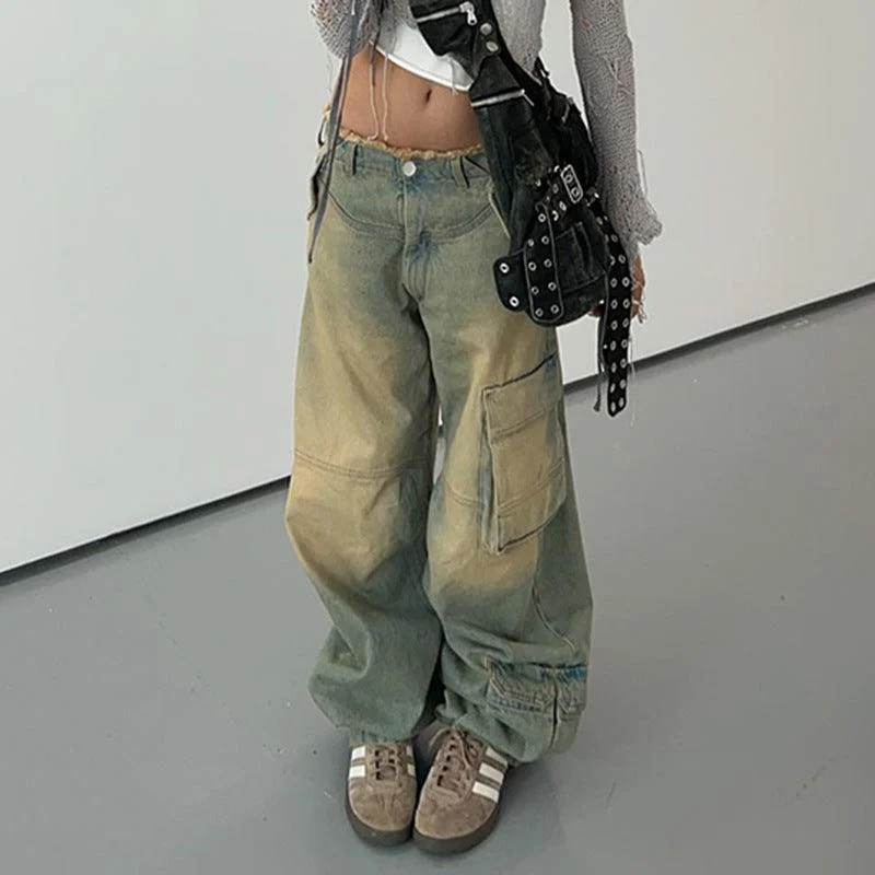 Simple Casual Feeling Simple Casual Feeling Women's Asymmetric Retro Raw Hem Jeans Straight-leg Overalls